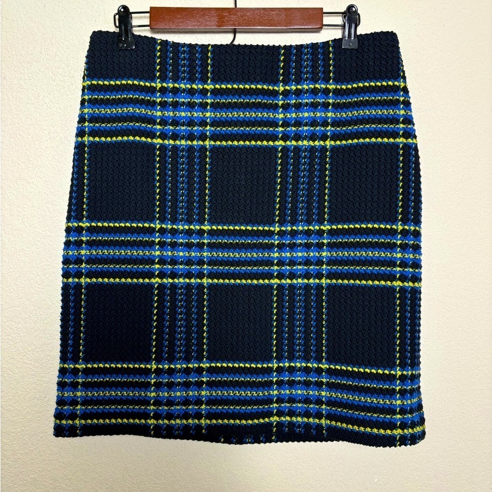 J. McLaughlin Tweed Straight Pencil Skirt Black with Blue and Yellow Plaid 8